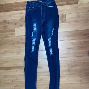 Dark blue high waisted ripped jeans